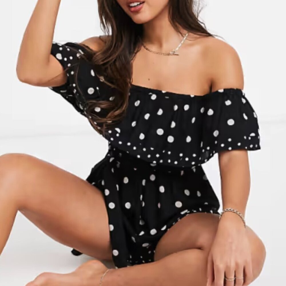 River Island polka dot puff sleeve beach playsuit in black size 24 runs small